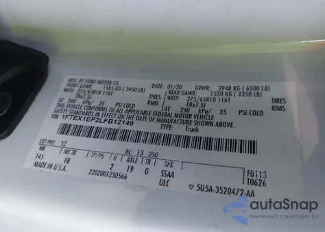 2020 Ford F-150 Xlt z USA, uszkodzony, nr VIN 1FTEX1EP2LFB12149